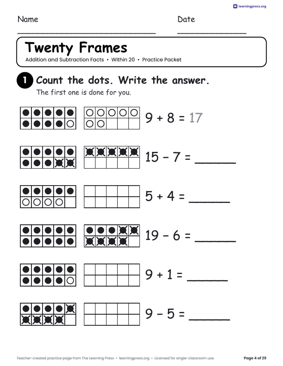 Preview page 4 of Addition and Subtraction Practice Packet · Within 20