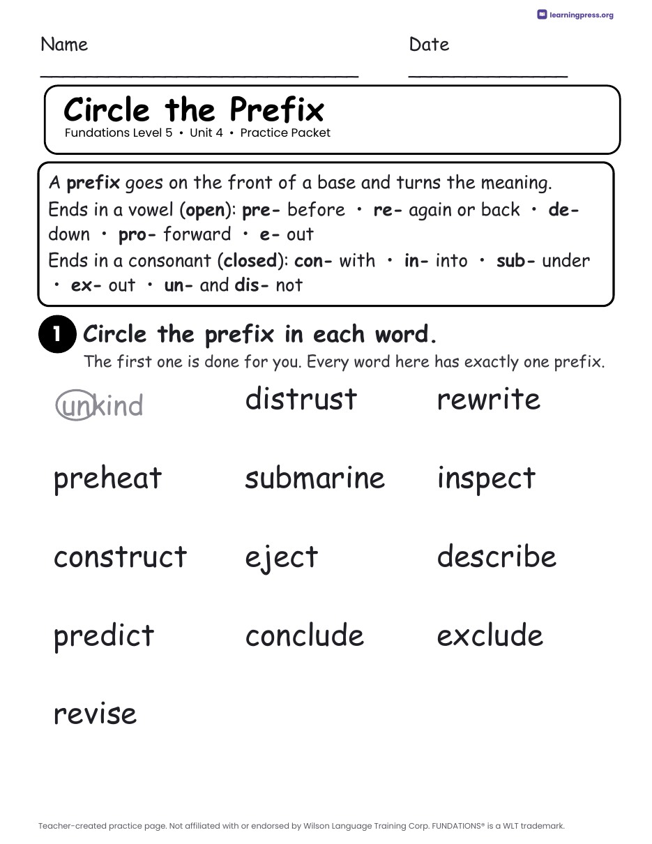Preview page 1 of Fundations Level 5 Unit 4 Practice Packet