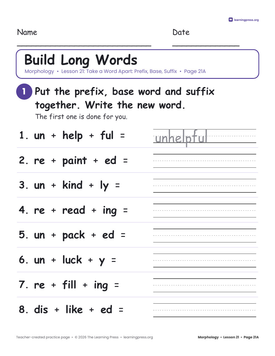 Preview page 1 of Grade 2 Morphology Unit 5: Prefix + Base + Suffix, Roots · Slides & Worksheets