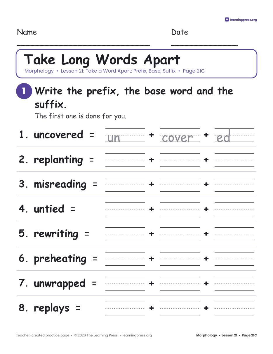 Preview page 2 of Grade 2 Morphology Unit 5: Prefix + Base + Suffix, Roots · Slides & Worksheets