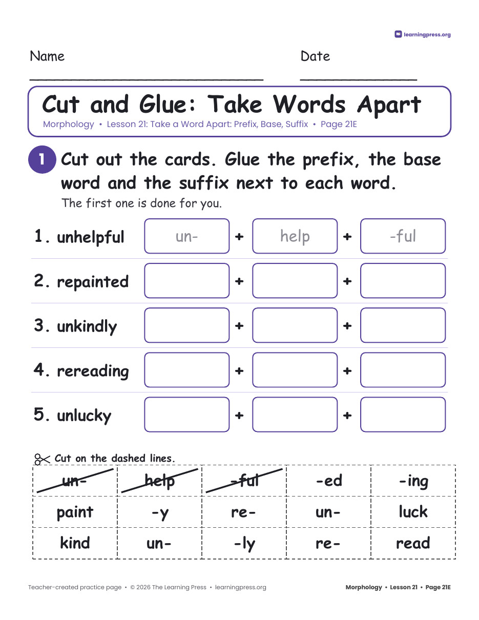 Preview page 3 of Grade 2 Morphology Unit 5: Prefix + Base + Suffix, Roots · Slides & Worksheets