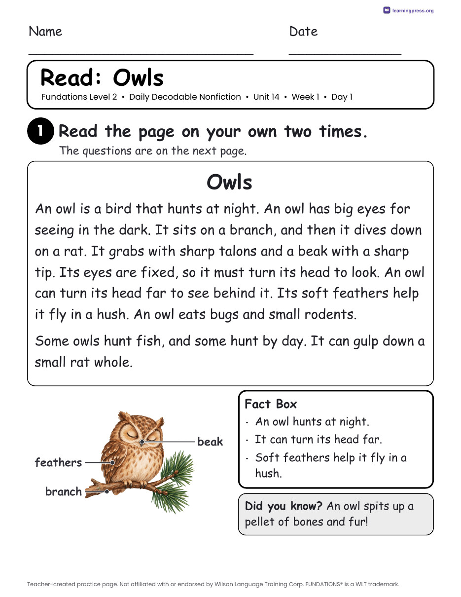 Preview page 1 of Fundations-Aligned Daily Decodable Nonfiction · Level 2 Unit 14