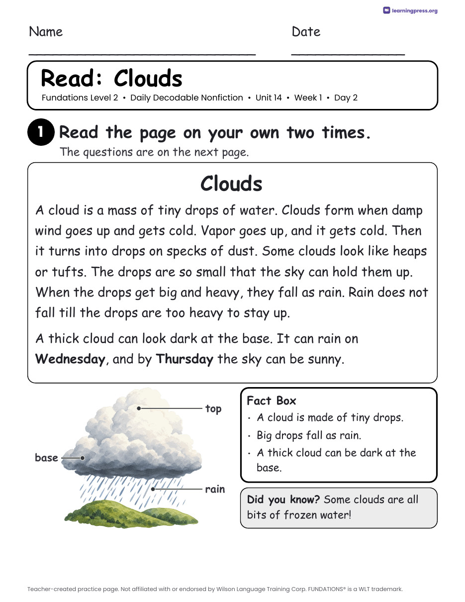 Preview page 3 of Fundations-Aligned Daily Decodable Nonfiction · Level 2 Unit 14