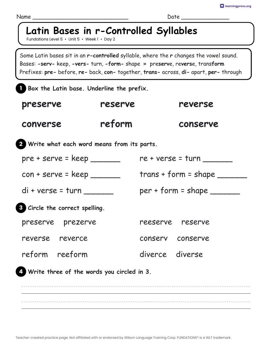 Preview page 1 of Fundations Level 5 Unit 5 Daily Lesson Work Pages