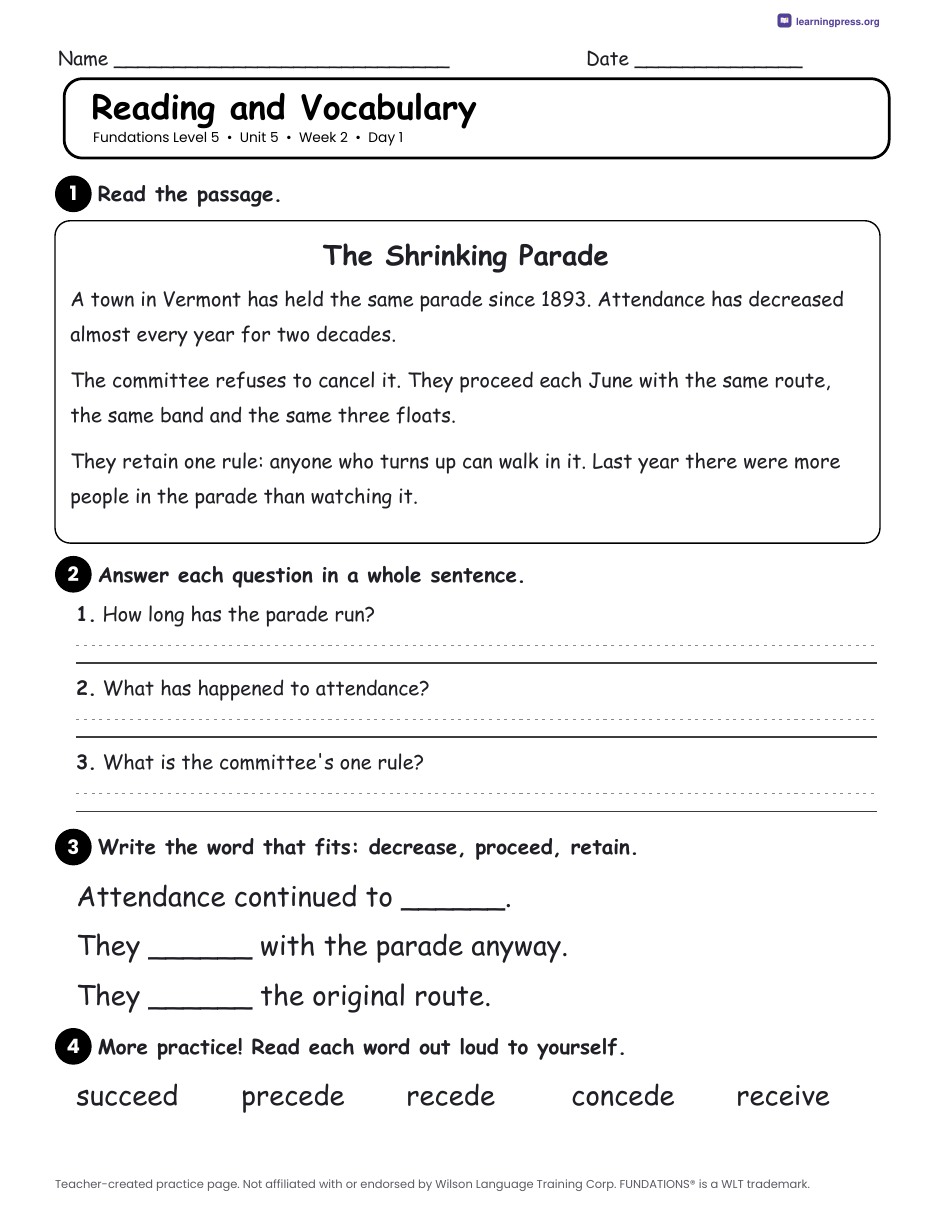 Preview page 3 of Fundations Level 5 Unit 5 Daily Lesson Work Pages