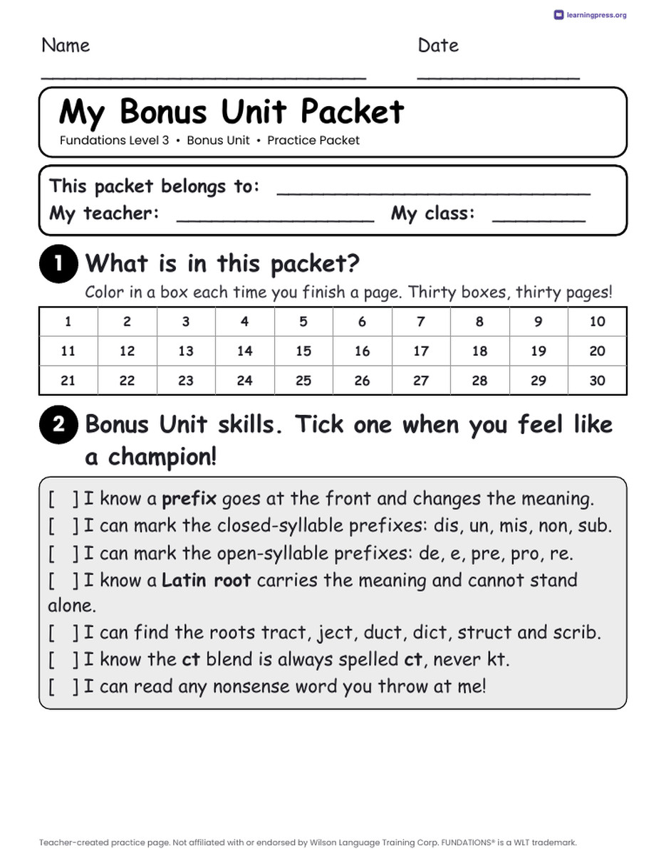 Preview page 1 of Fundations Level 3 Bonus Unit Practice Packet