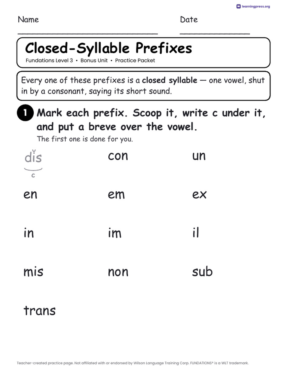 Preview page 3 of Fundations Level 3 Bonus Unit Practice Packet