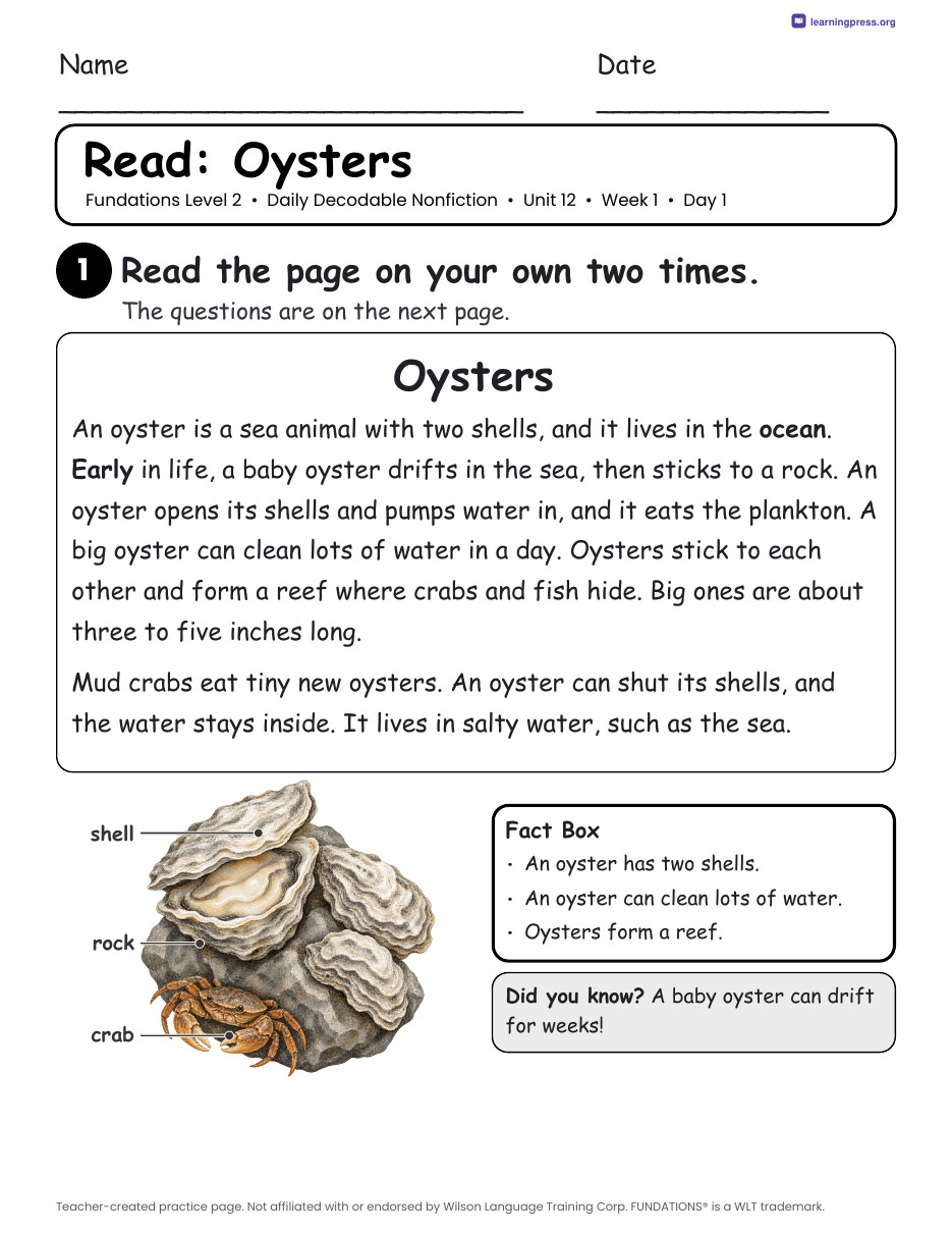 Preview page 1 of Fundations-Aligned Daily Decodable Nonfiction · Level 2 Unit 12