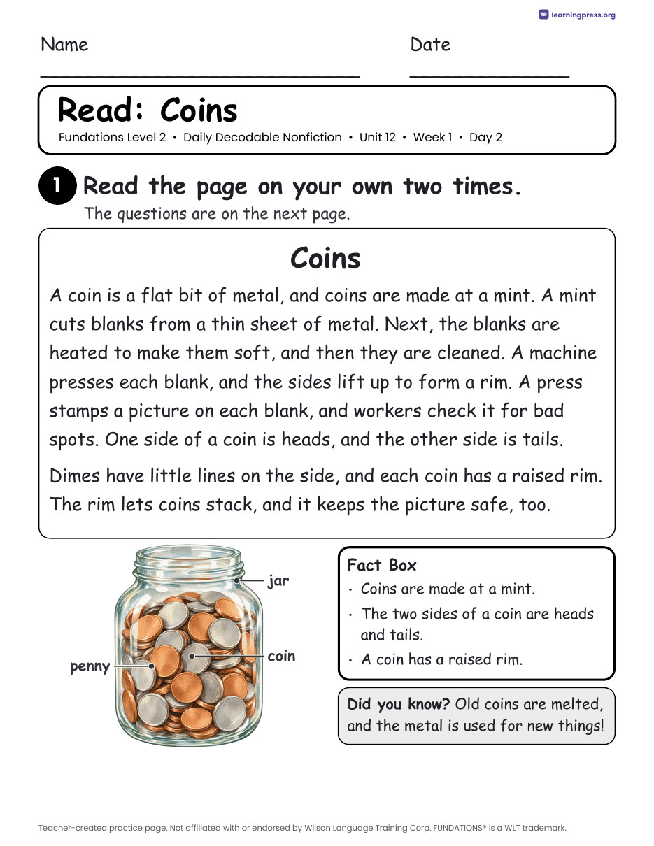 Preview page 3 of Fundations-Aligned Daily Decodable Nonfiction · Level 2 Unit 12