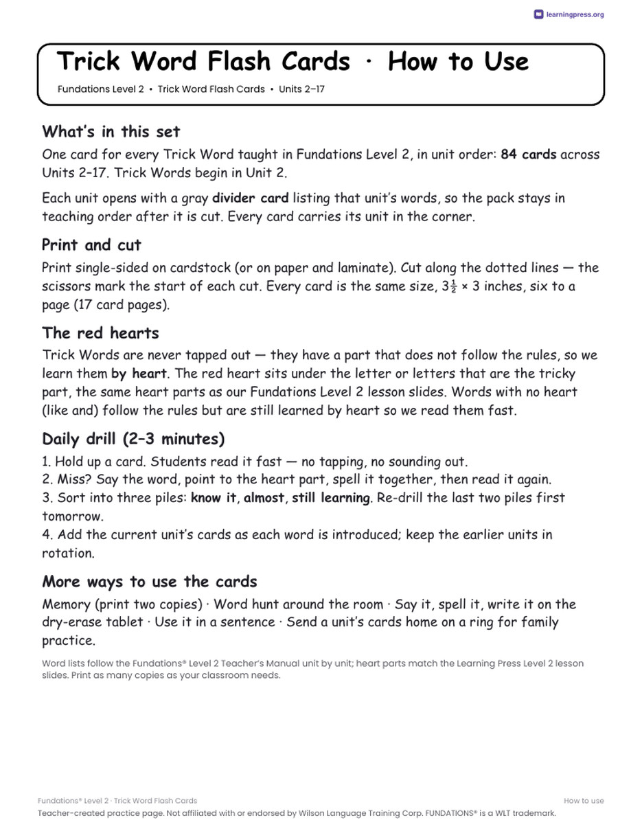 Preview page 2 of Fundations Level 2 — Trick Word Flash Cards