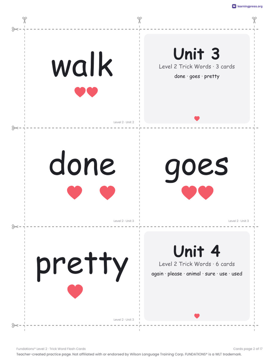 Preview page 4 of Fundations Level 2 — Trick Word Flash Cards