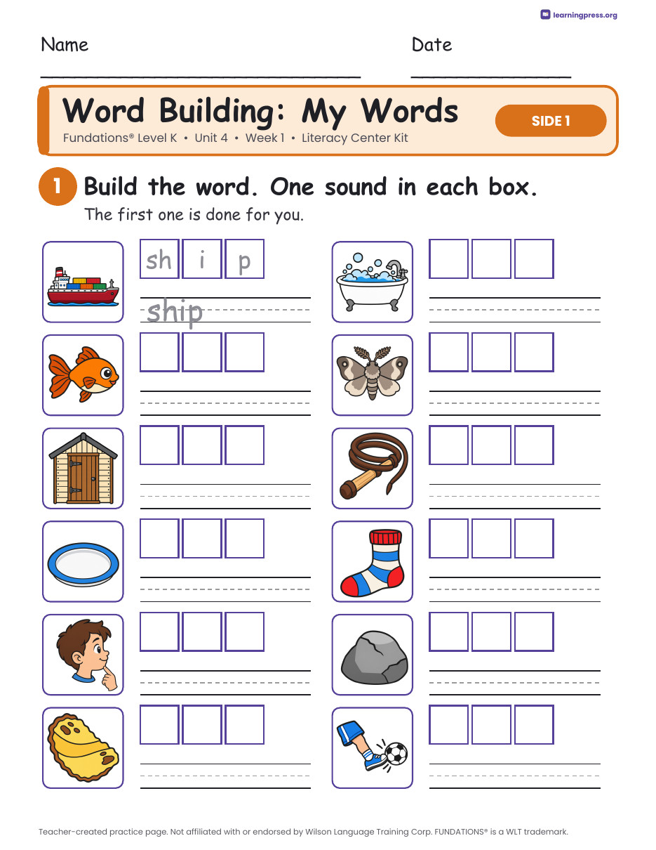 Preview page 2 of Fundations Level K Unit 4 Week 1 Literacy Center Kit