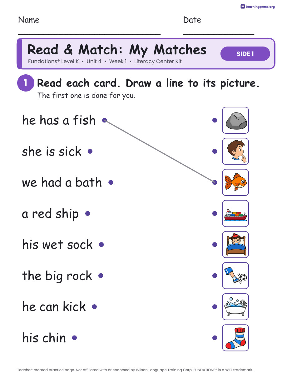 Preview page 3 of Fundations Level K Unit 4 Week 1 Literacy Center Kit