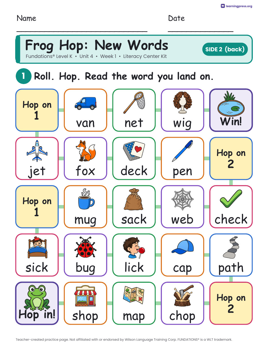Preview page 4 of Fundations Level K Unit 4 Week 1 Literacy Center Kit
