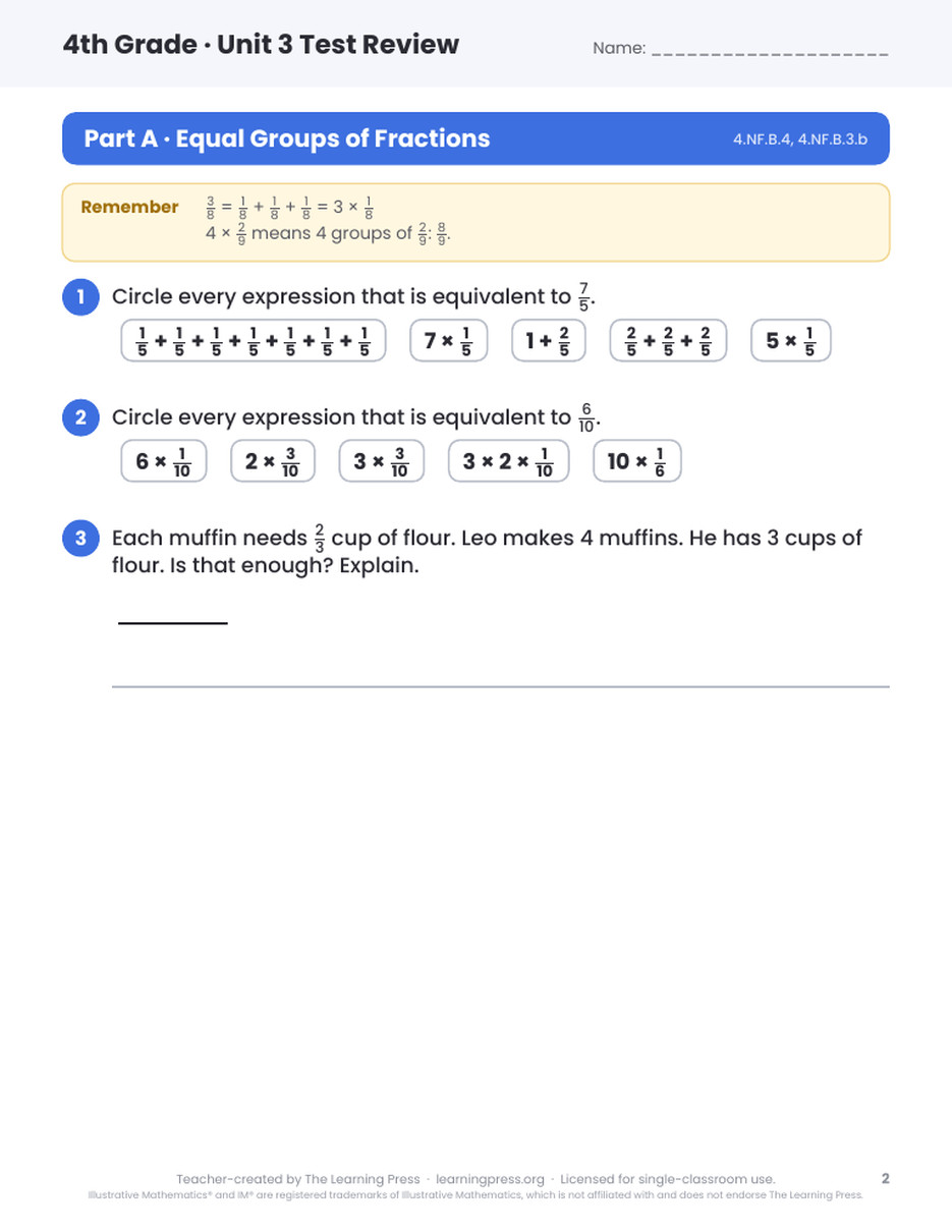 Preview page 1 of Illustrative Math (IM®) Aligned 4th Grade Unit 3 Test Review