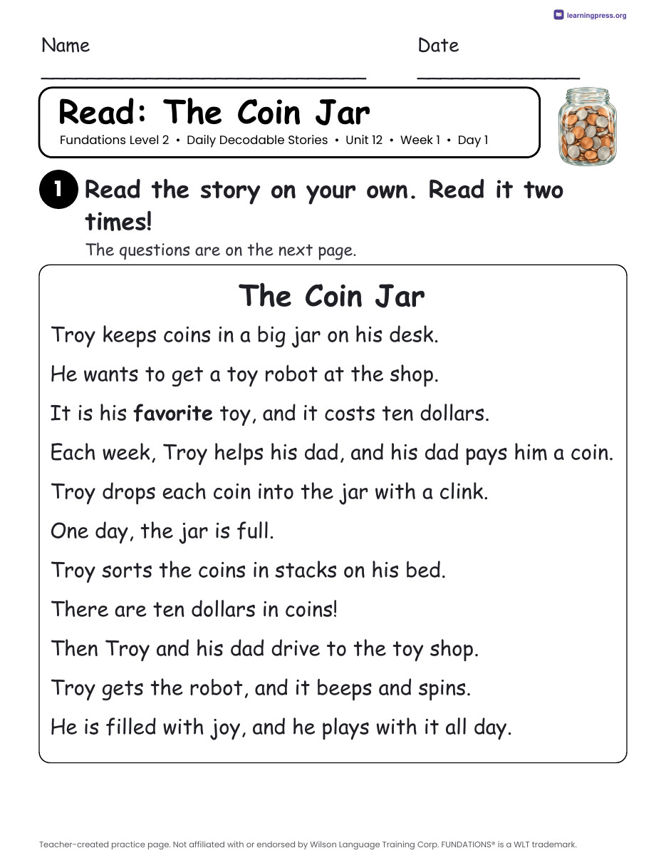 Preview page 1 of Fundations Level 2 Unit 12 Daily Decodable Stories