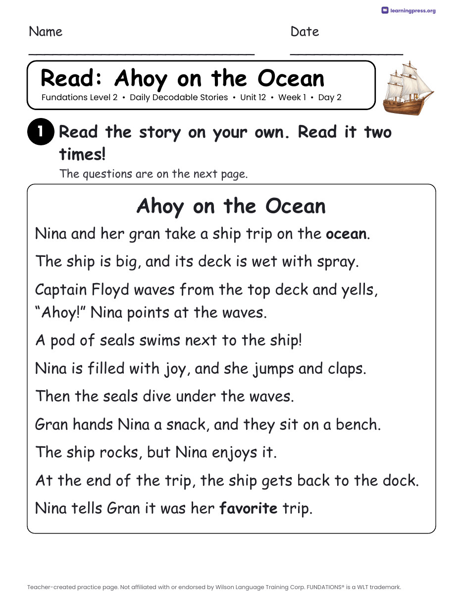 Preview page 2 of Fundations Level 2 Unit 12 Daily Decodable Stories
