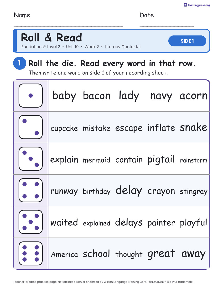 Preview page 1 of Fundations Level 2 Unit 10 Week 2 Literacy Center Kit
