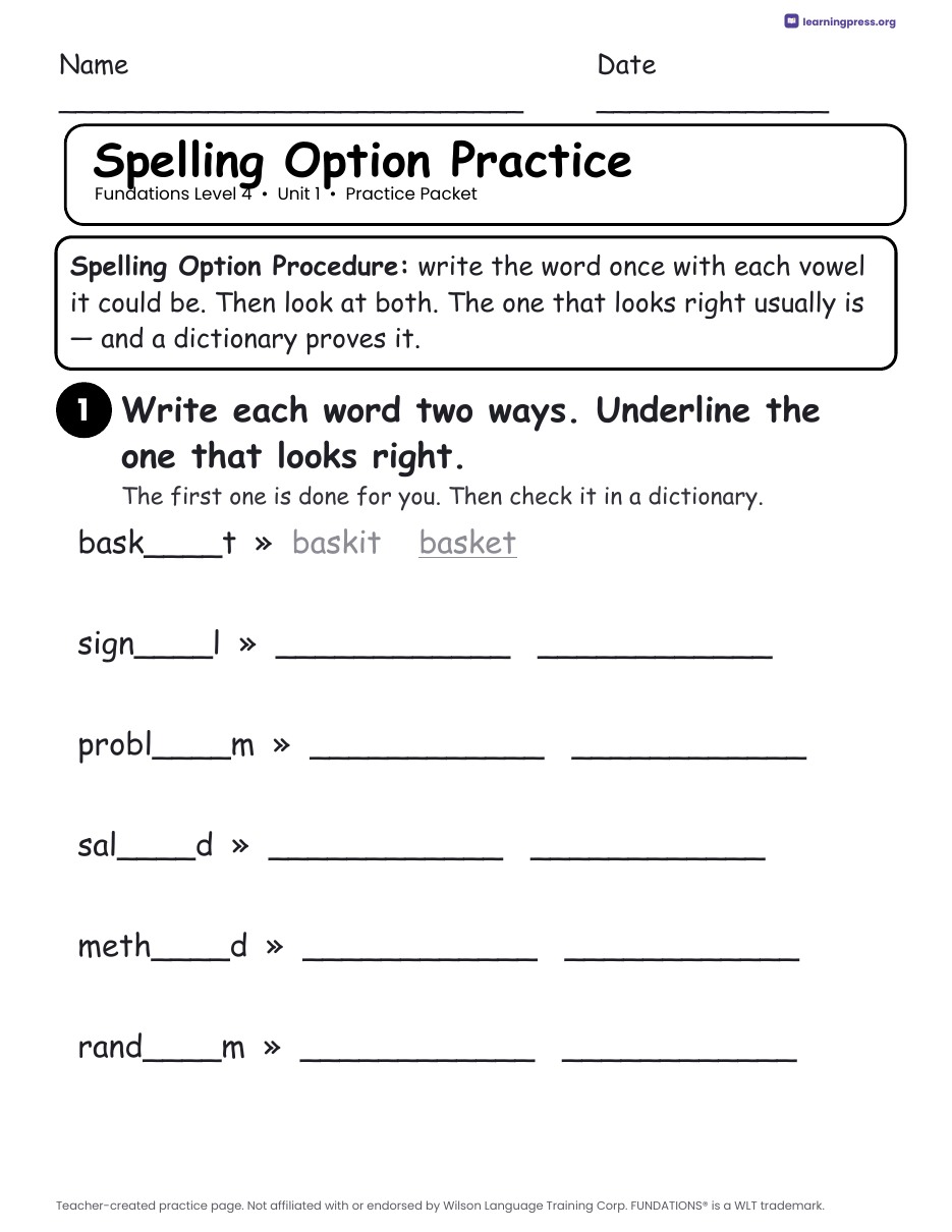Preview page 1 of Fundations Level 4 — Full-Year Practice Packets Bundle (All Units 1–15)