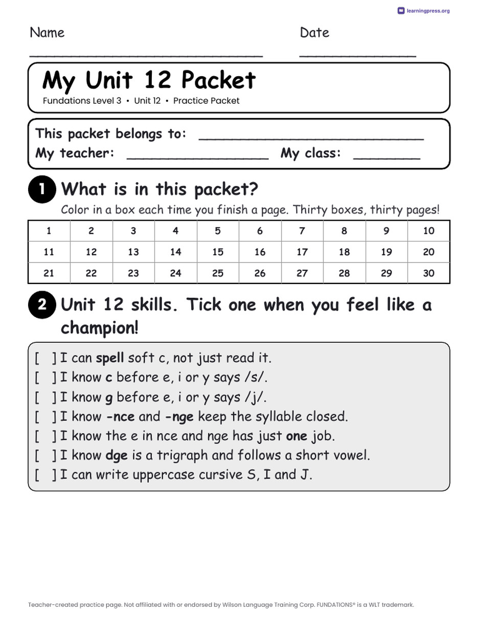 Preview page 1 of Fundations Level 3 Unit 12 Practice Packet