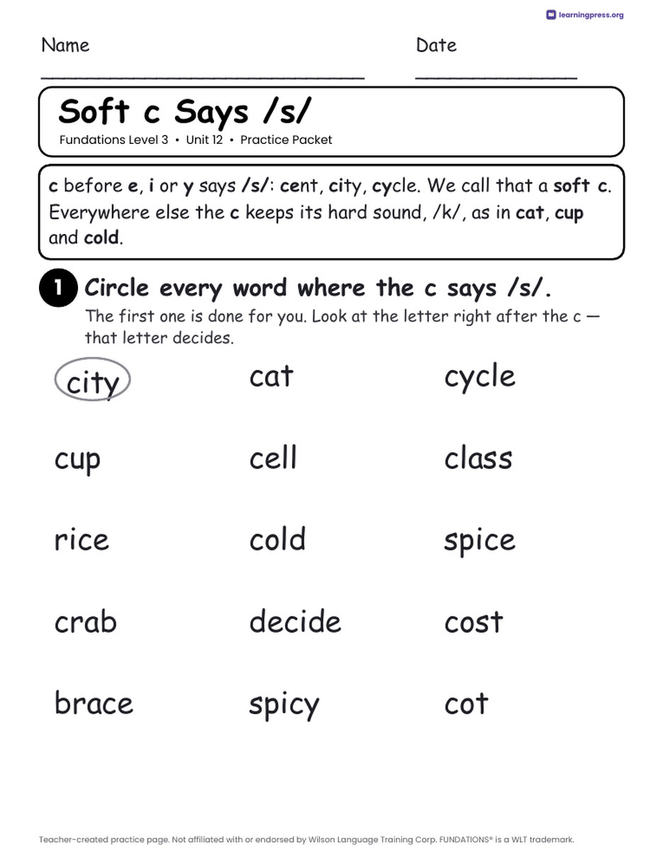 Preview page 2 of Fundations Level 3 Unit 12 Practice Packet