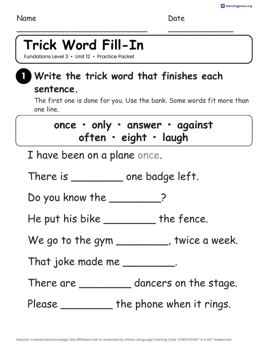 Preview page 3 of Fundations Level 3 Unit 12 Practice Packet