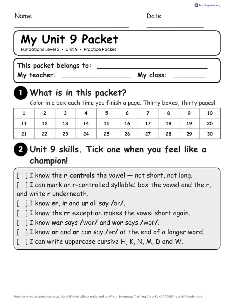 Preview page 1 of Fundations Level 3 Unit 9 Practice Packet