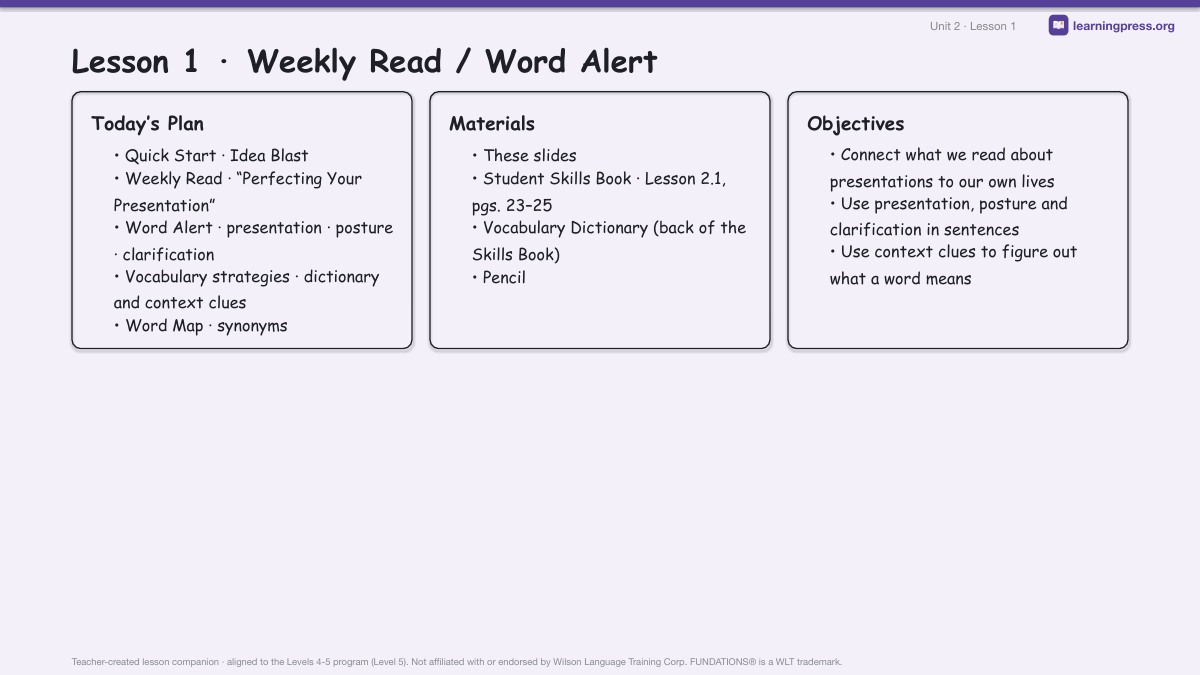 Preview page 1 of Fundations Level 5 Unit 2 Lesson Slides