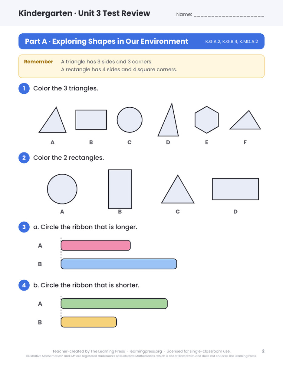 Preview page 1 of Illustrative Math (IM®) Aligned Kindergarten Unit 3 Test Review