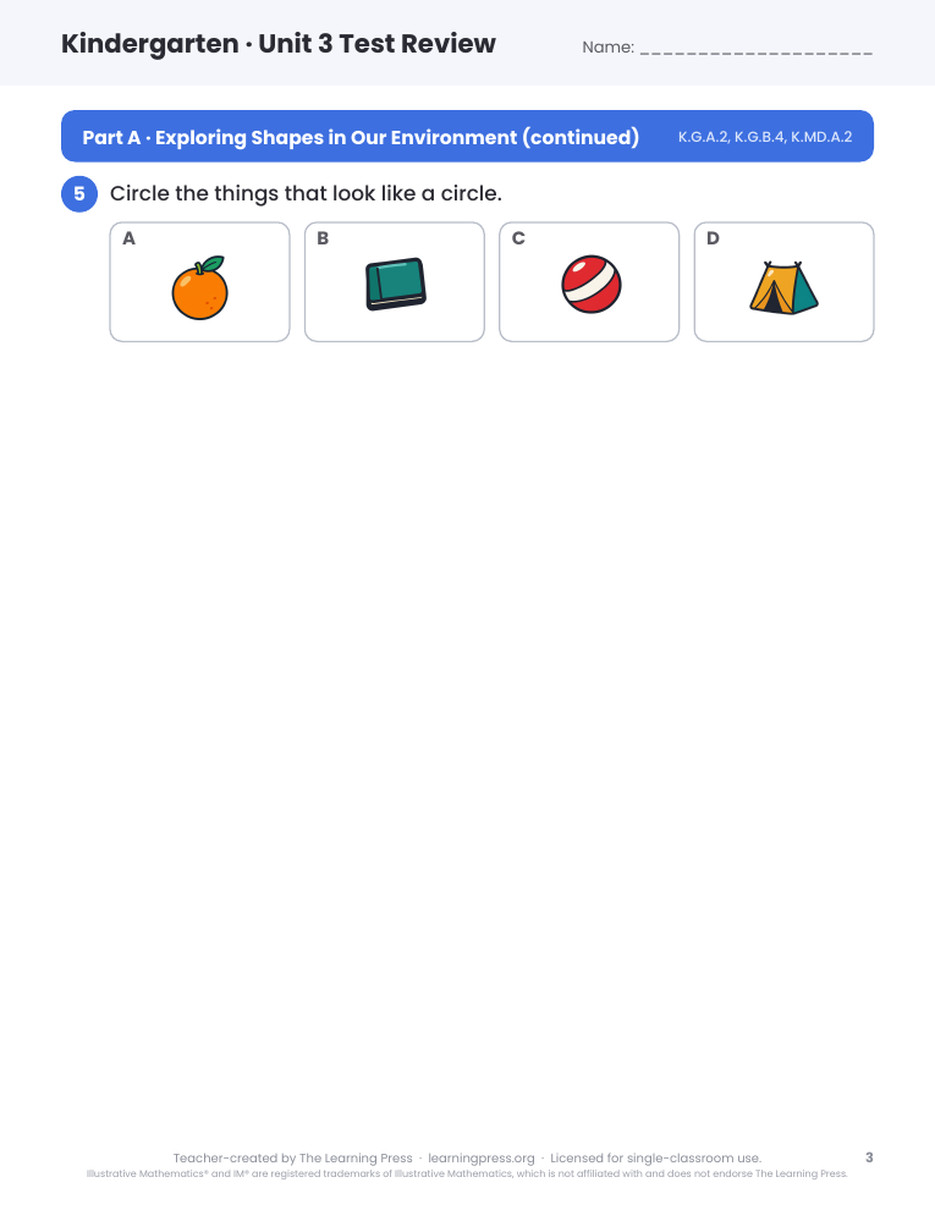 Preview page 2 of Illustrative Math (IM®) Aligned Kindergarten Unit 3 Test Review