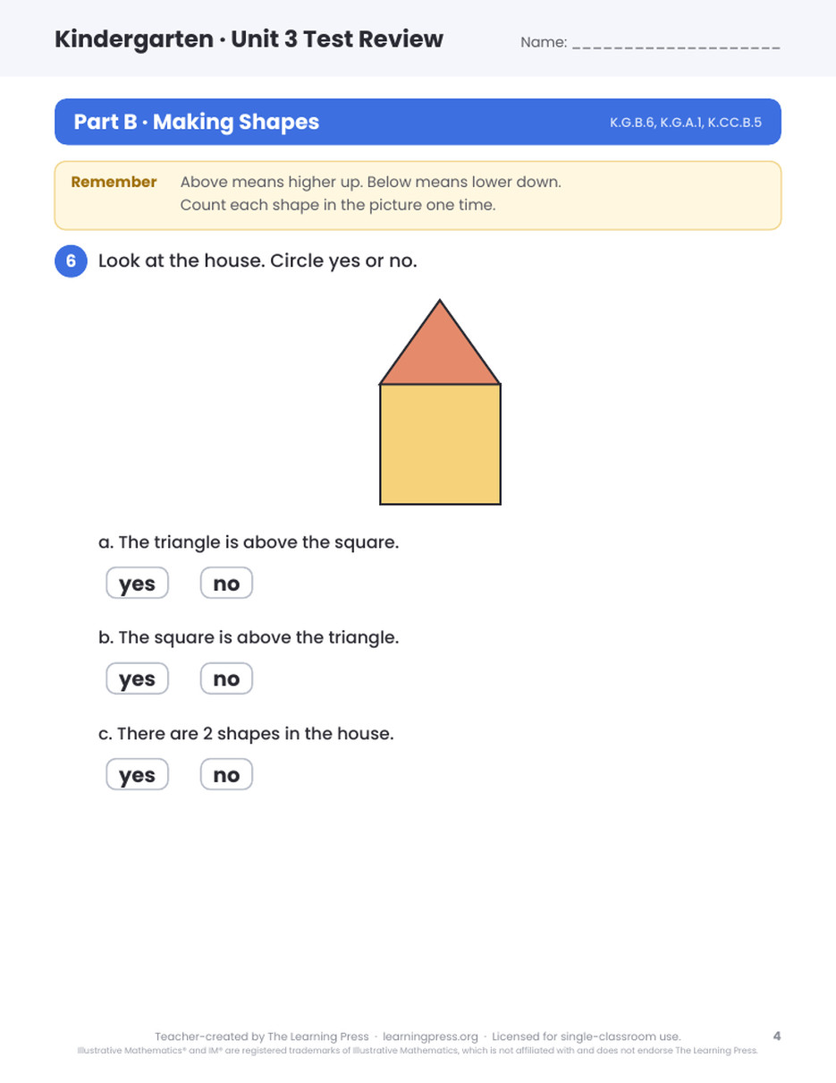 Preview page 3 of Illustrative Math (IM®) Aligned Kindergarten Unit 3 Test Review