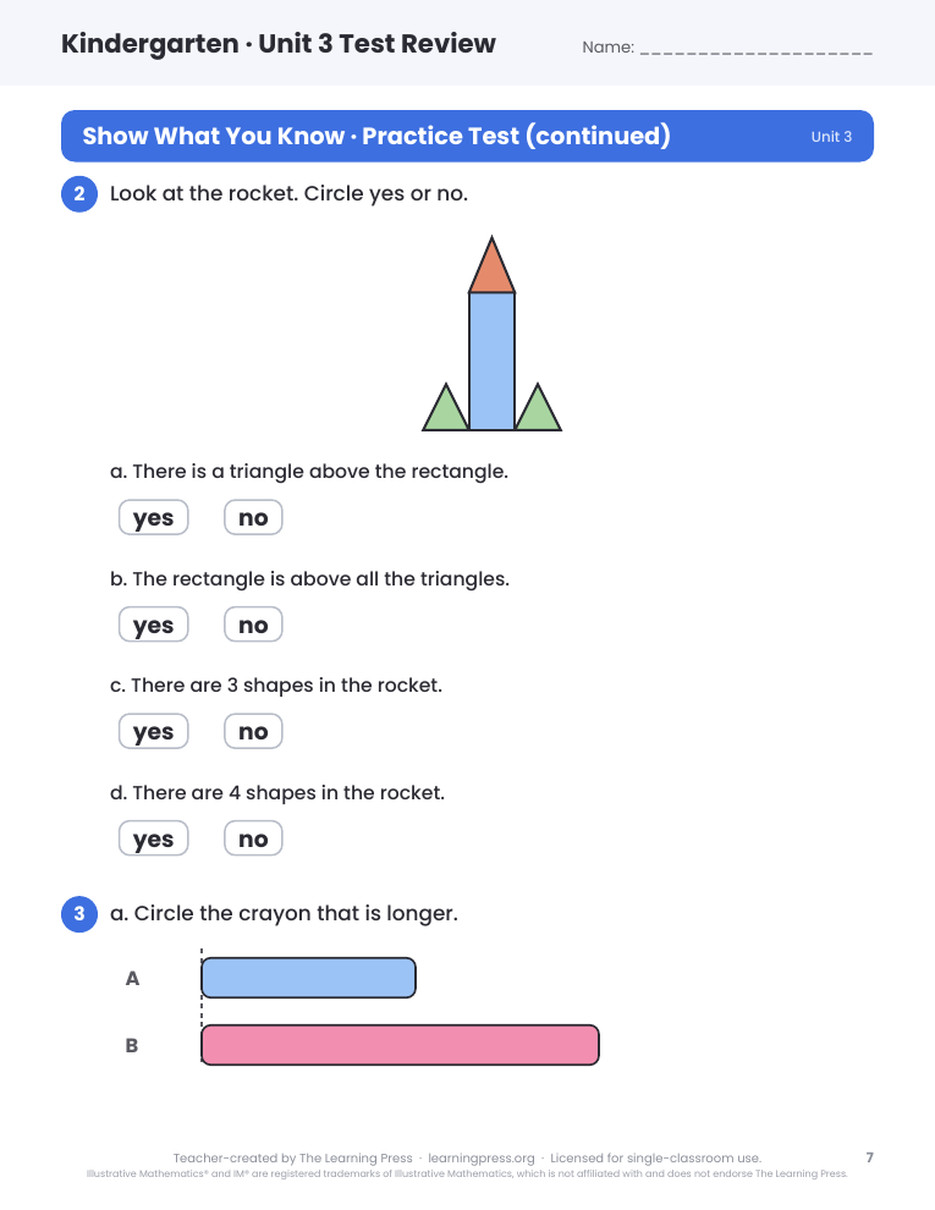 Preview page 4 of Illustrative Math (IM®) Aligned Kindergarten Unit 3 Test Review