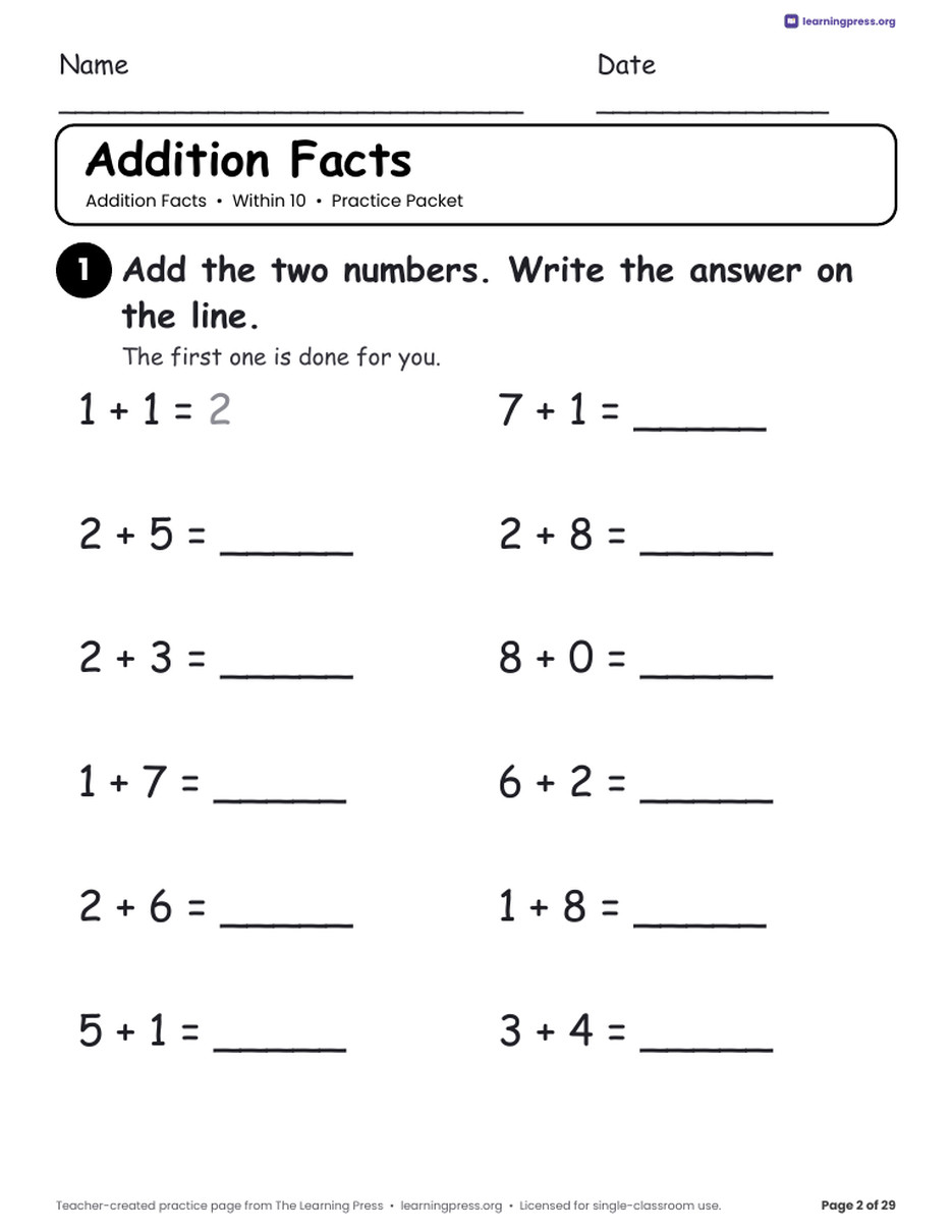 Preview page 2 of Addition Practice Packet · Within 10