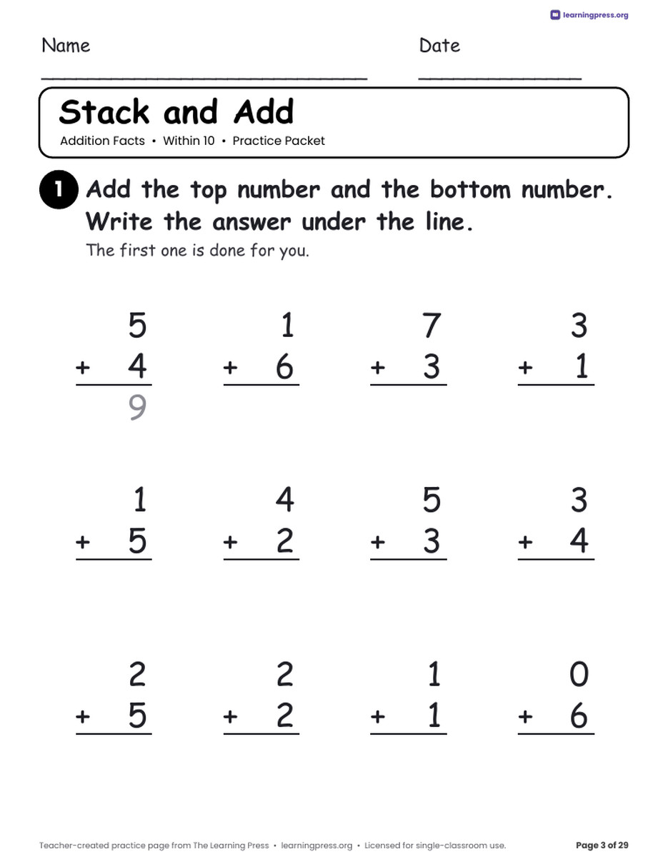 Preview page 3 of Addition Practice Packet · Within 10