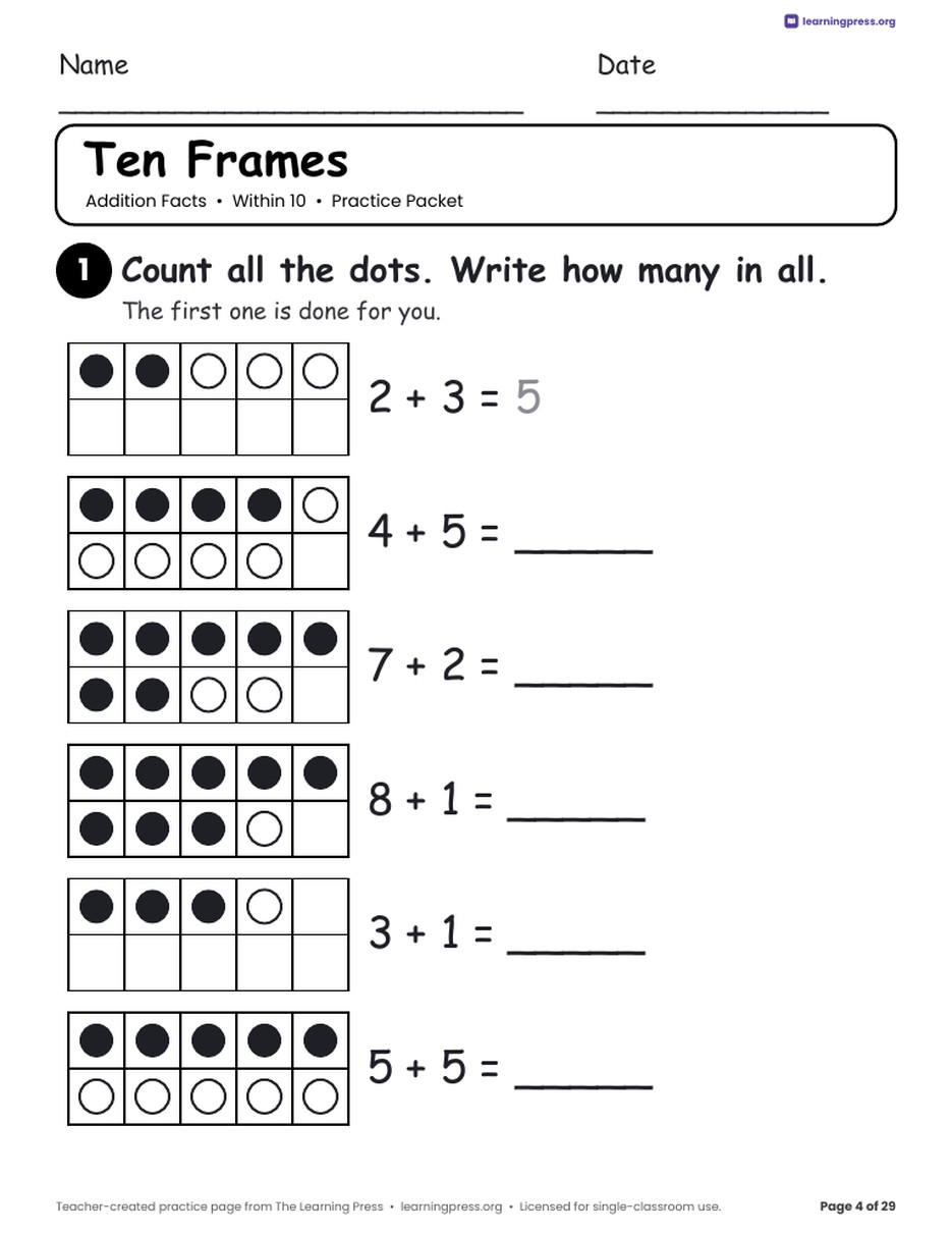 Preview page 4 of Addition Practice Packet · Within 10