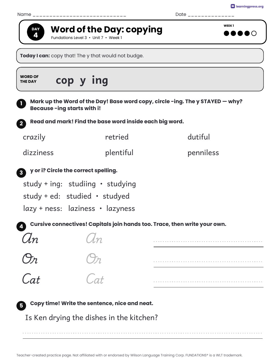 Preview page 2 of Fundations Level 3 Unit 7 Daily Lesson Work Pages