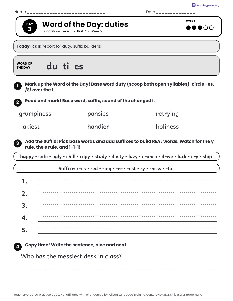 Preview page 4 of Fundations Level 3 Unit 7 Daily Lesson Work Pages