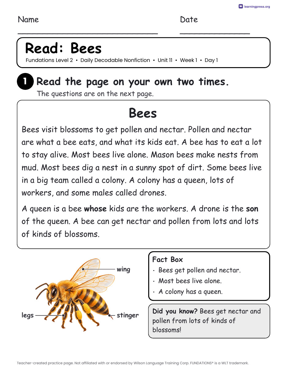 Preview page 1 of Fundations-Aligned Daily Decodable Nonfiction · Level 2 Unit 11
