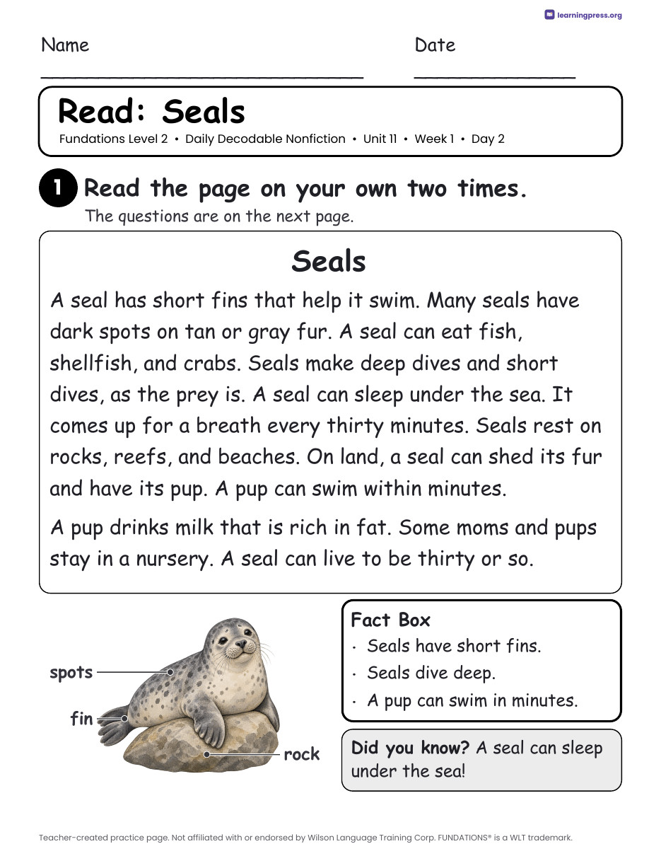 Preview page 3 of Fundations-Aligned Daily Decodable Nonfiction · Level 2 Unit 11