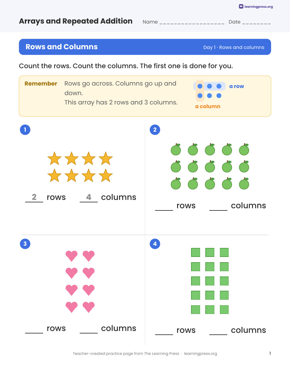 Preview page 1 of Arrays and Repeated Addition Worksheets, Slides & Quiz