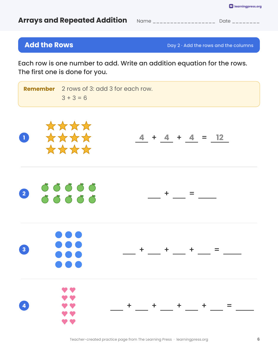 Preview page 2 of Arrays and Repeated Addition Worksheets, Slides & Quiz