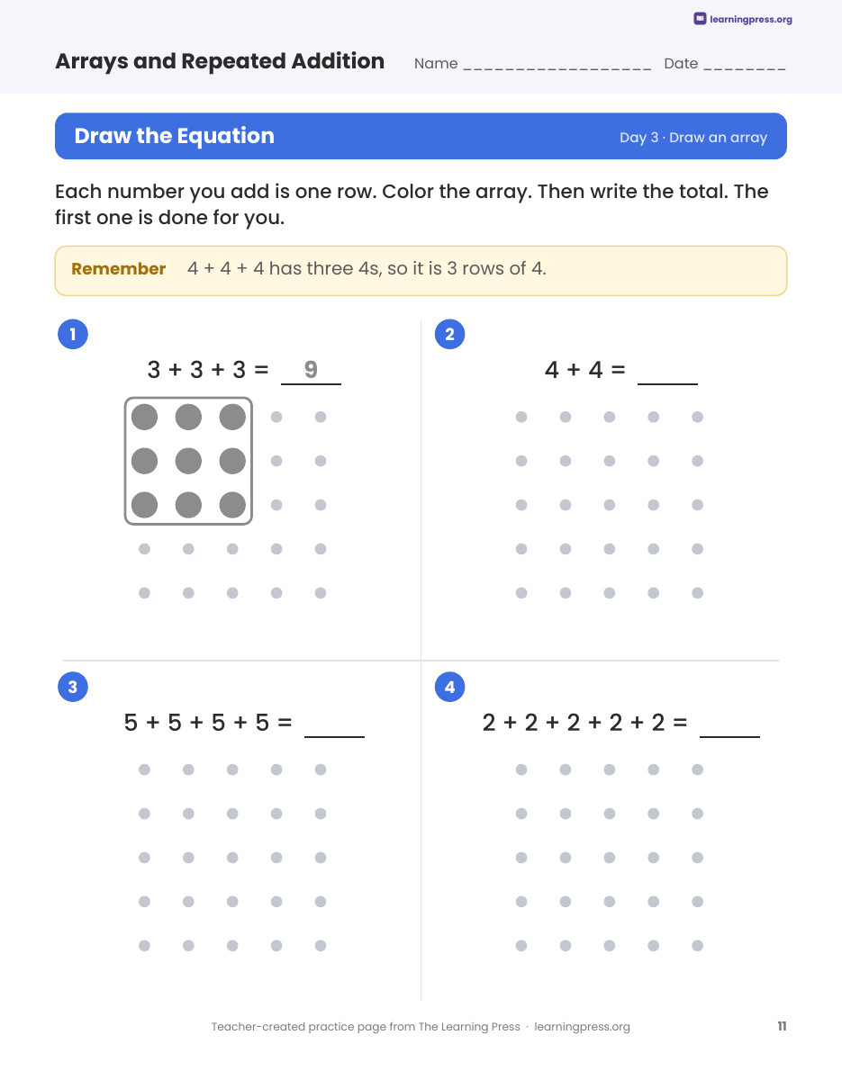 Preview page 3 of Arrays and Repeated Addition Worksheets, Slides & Quiz
