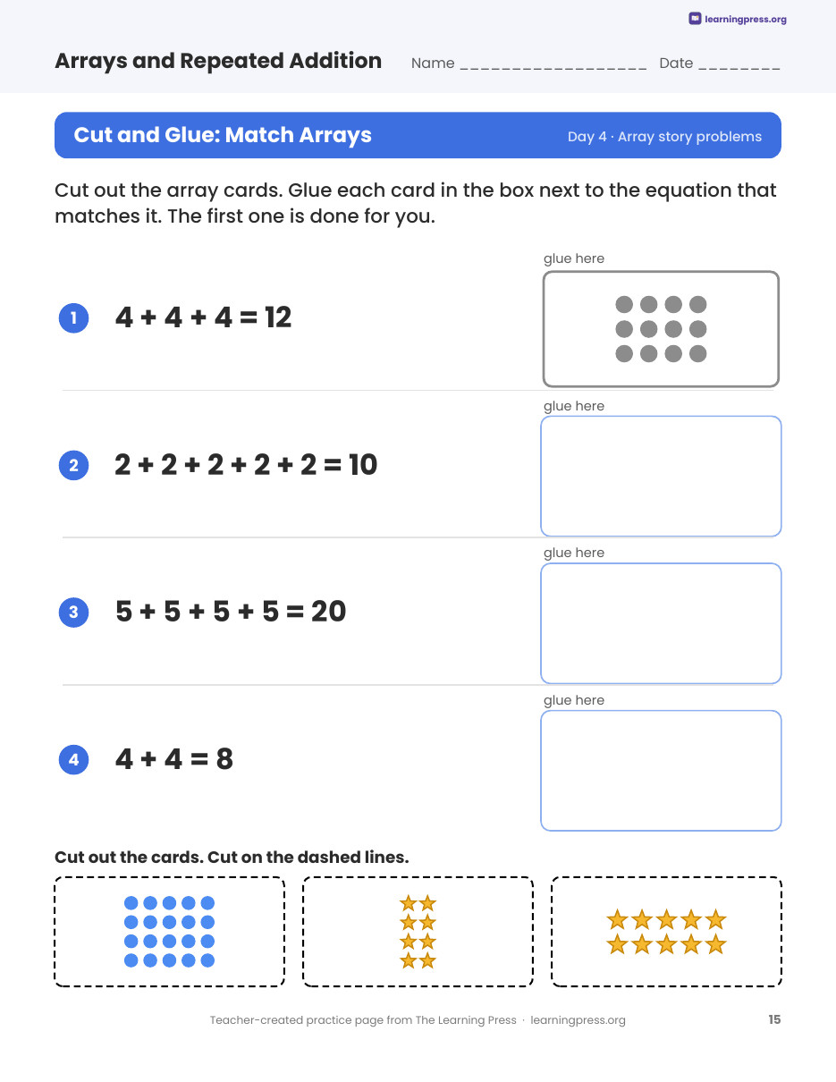 Preview page 4 of Arrays and Repeated Addition Worksheets, Slides & Quiz