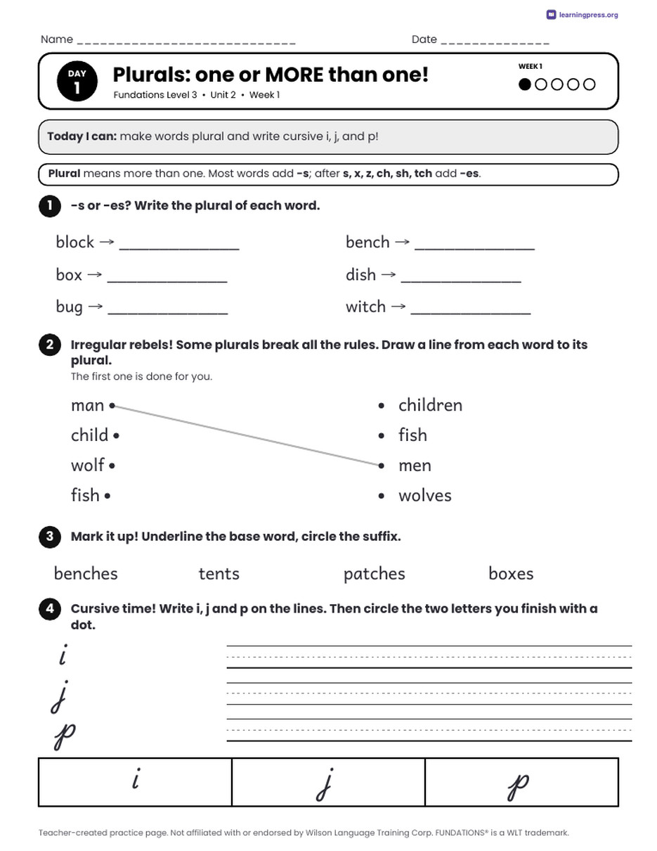 Preview page 1 of Fundations Level 3 Unit 2 Daily Lesson Work Pages