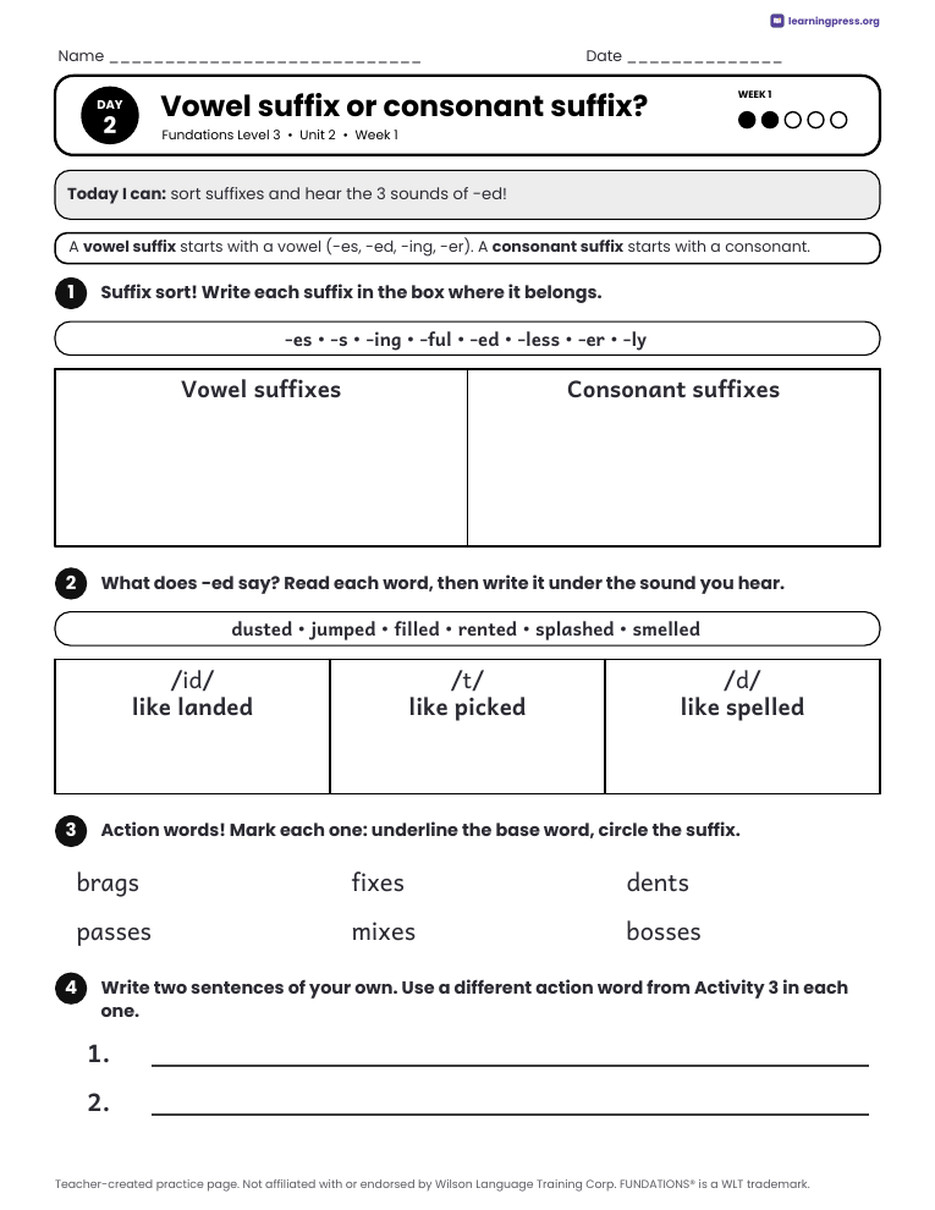 Preview page 2 of Fundations Level 3 Unit 2 Daily Lesson Work Pages