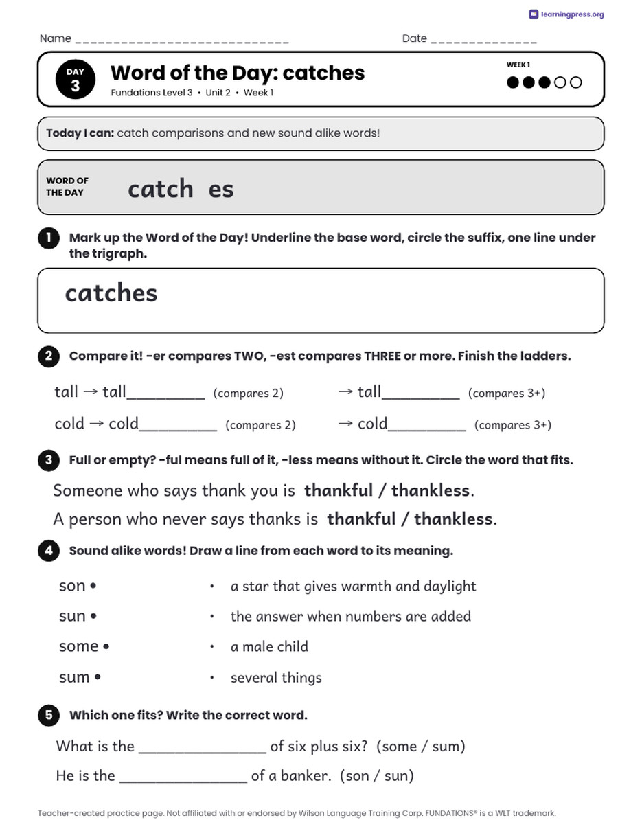 Preview page 3 of Fundations Level 3 Unit 2 Daily Lesson Work Pages