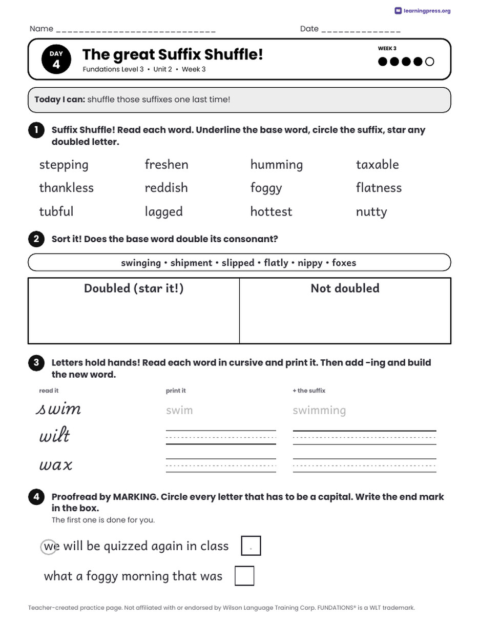 Preview page 4 of Fundations Level 3 Unit 2 Daily Lesson Work Pages