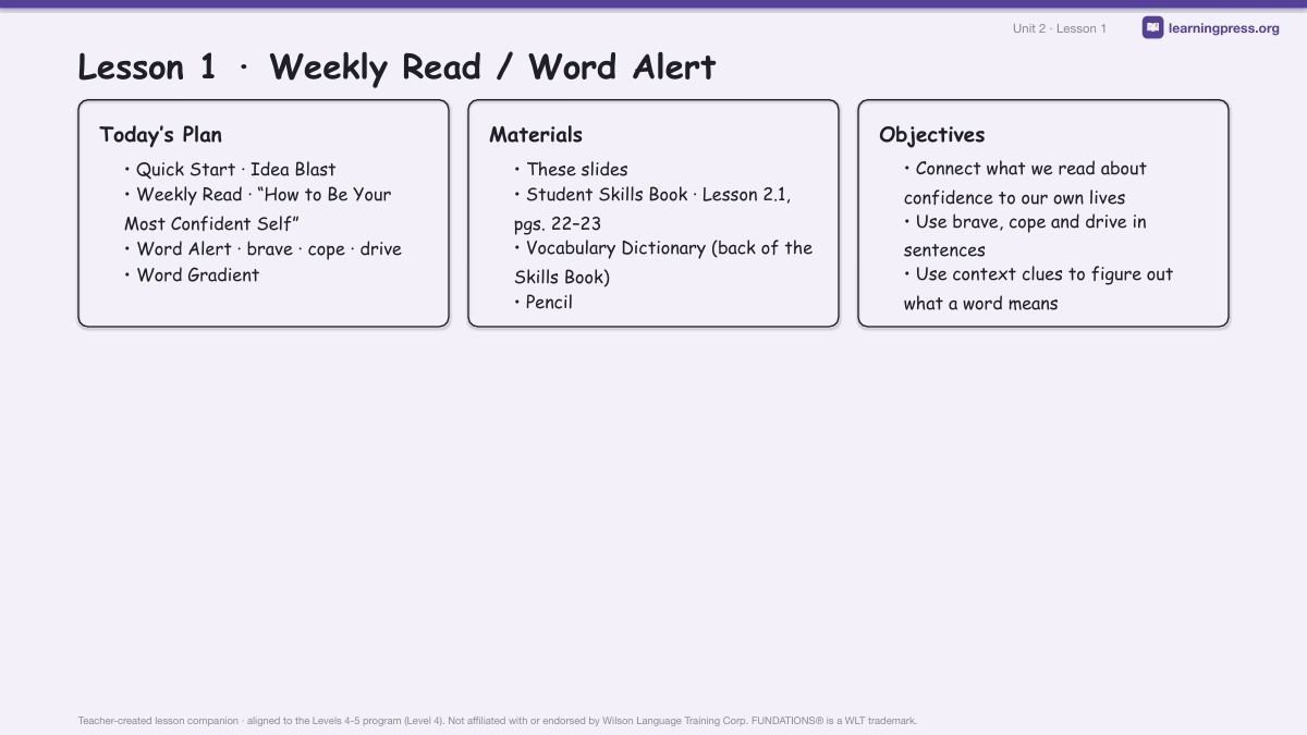 Preview page 1 of Fundations Level 4 Unit 2 Lesson Slides