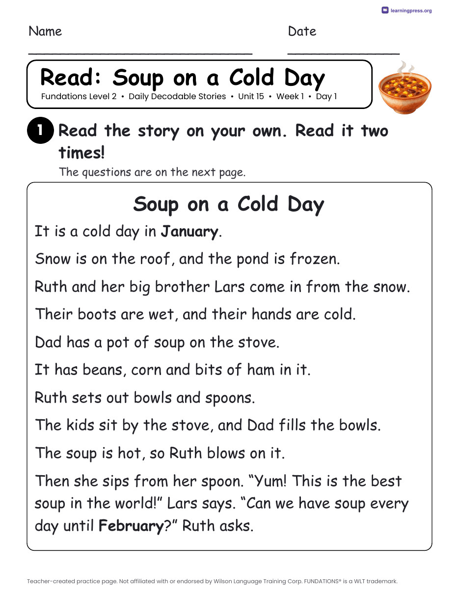 Preview page 1 of Fundations Level 2 Unit 15 Daily Decodable Stories