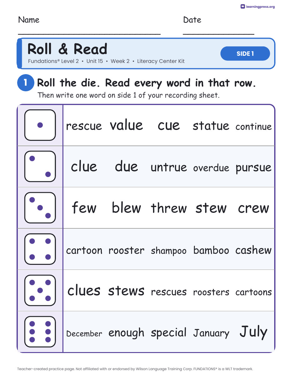 Preview page 1 of Fundations Level 2 Unit 15 Week 2 Literacy Center Kit